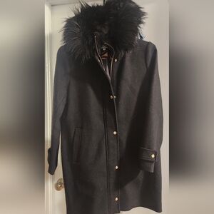 Nine West Black Wool Coat with Fur Collar And Gold Accents
